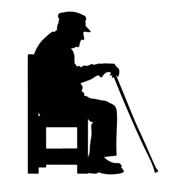 Yaşlı bir adamın siyah bir silueti bir sandalyede bir baston tutarak otururken resmedilir. Şapka takıyor ve profili görünüyor. Arkaplan düz beyaz.