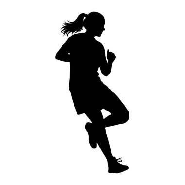 Beyaz bir arka planda orta basamakta koşan siyah bir kadın silueti. Akıyor gibi görünen bir at kuyruğu var. Kolları bükülmüş ve bacakları hareket halinde, bir bacağı öne doğru, diğeri arkaya doğru eğilmiş. O iyi.