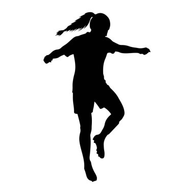 Beyaz bir arka planda hareket halinde olan siyah bir bayan futbolcunun silüeti. Tişört ve şort giyiyor. Saçları at kuyruğu şeklinde. Rüzgarda savruluyor. Vücudu sanki topa vurmak üzereymiş gibi ya da daha yeni vurmuş gibi.