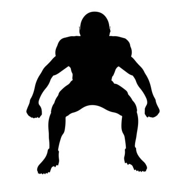 Çömelmiş vaziyette duran siyah bir futbolcu silueti. Oyuncu bir kask ve pedler takıyor, yumrukları sıkılmış ve bacakları bükülmüş. Beyaz bir arkaplanda izole edilmiş olan figür, sporda bile eyleme hazır olduğunu gösteriyor.