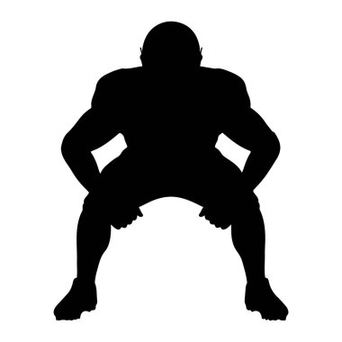 Çömelmiş vaziyette duran siyah bir futbolcu silueti. Oyuncu ellerinin dizlerinin üzerinde dinlendiği bir kask ve pedler takıyor. Şekil beyaz bir arkaplanda izole edilmiş, eyleme hazırlık durumu iletiliyor.