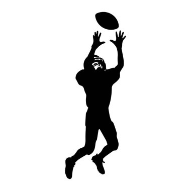 Bir Amerikan futbolcusunun silueti havadayken, kollarını açıp bir futbol topu yakalamak için yukarı sıçrıyor. Oyuncu kask ve üniforma giyiyor, sanki atlama sürecindeymiş gibi bacakları bükülmüş. Arkaplan düz beyaz.
