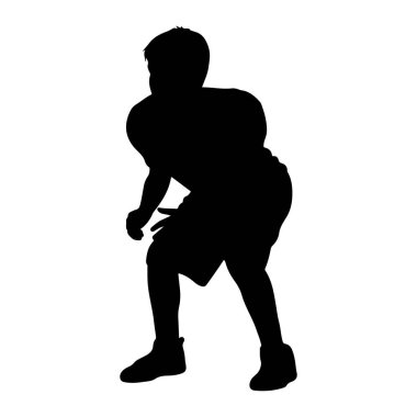 Bir futbolcu duruşu içinde siyah bir siluet beyaz bir arka plana karşı tasvir edilir. Şekil diz çökmüş, dizleri bükülmüş ve kolları öne doğru uzanmış, bu da harekete hazır olduğunu gösteriyor. Siluet açıkça bir çizginin ana hatlarını gösteriyor.