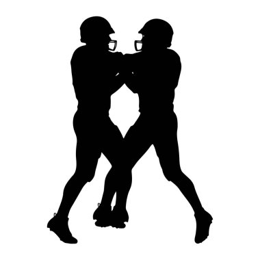 Siyah bir siluet, kask da dahil olmak üzere tam üniformalı iki Amerikan futbolcuyu yakalama duruşunda resmediyor. Vücutları karşı konumda duruyor, bu da maç sırasında mücadele ya da mücadele olduğunu gösteriyor. Beyaz bir Ba 'ya karşı katıksız karşıtlık