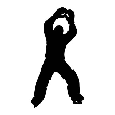 Savunma pozisyonunda bir buz hokeyi kalecisinin siyah silueti. Kaleci koruyucu pedler ve eldivenler giyiyor, ayaklarında patenler var. Kolları havada ve eldivenler kafalarının önünde duruyor. Bu da profesyonel olduklarını gösteriyor.