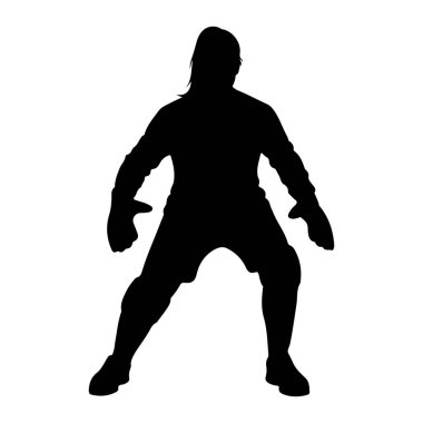 Hazır vaziyette duran bir futbol kalecisinin siyah silueti. Şeklin uzun saçları var ve eldiven ve üniforma giyiyor. Poz, beyaz bir arkaplanda eylem için beklenti ve hazırlık olduğunu gösteriyor.