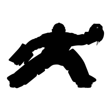 Siyahi bir hokey kalecisinin silueti çömelmiş vaziyette, kurtarmaya hazır. Kaleci koruyucu ekipman kullanıyor. Pedler, eldiven ve maske de dahil. Resim beyaz bir arkaplanda izole edilmiştir.