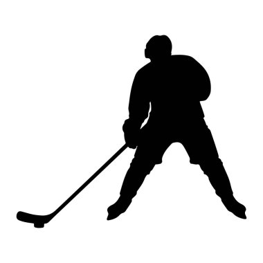 Beyaz arka planda hareket halindeki bir hokey oyuncusunun siyah silueti. Oyuncu eğilmiş, elinde hokey sopası var ve paten kayıyor ya da diske vurmaya hazırlanıyor gibi görünüyor. Silüet açıkça oyuncunun üniformasını ve ekipmanını gösteriyor