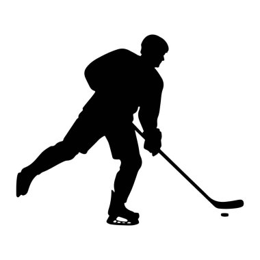 Buz üzerinde hareket halindeki bir hokey oyuncusunun siyah silueti. Oyuncu kask ve üniforma giyiyor, elinde hokey sopasıyla sanki diske vurmak üzereymiş gibi duruyor. Görüntü, sporun temiz ve grafik bir temsilidir..