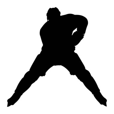 Dinamik aksiyon pozu veren siyah bir hokey oyuncusunun silueti. Şekil, bacakları geniş ve patenler dışa dönük şekilde eğilmiş. Oyuncu bir hokey sopası tutuyor gibi görünüyor, ama siluette net olarak tanımlanmamış. Kafası...