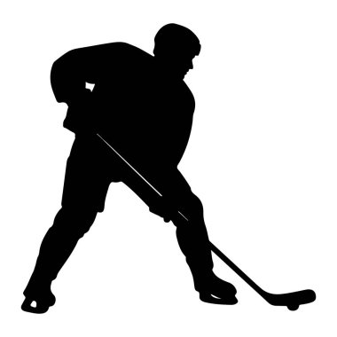 Siyahi bir hokey oyuncusunun silueti aksiyon pozisyonunda, elinde hokey sopasıyla kask ve üniforma giyiyor. Şekil hareketli bir şekilde resmedilmiş, bu da bir oyun ya da buz üzerinde çalışma izlenimi uyandırıyor. Siyah figür ve beyaz sırt arasındaki tam zıtlık.