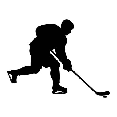 Buz üzerinde hareket halindeki bir hokey oyuncusunun siyah silueti. Oyuncu üniforma ve paten giyiyor, hokey sopası tutuyor ve diske vurmak üzere. Arka plan düz beyaz, sporcunun dinamik duruşunu vurguluyor..