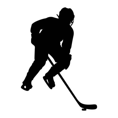 Buz patenleriyle hareket eden bir hokey oyuncusunun silüeti, elinde hokey sopasıyla. Oyuncu bir kask ve koruyucu giysi giyiyor. Duruş, dinamik hareket ve spora olan bağlılığı gösteriyor. Arkaplan düz beyaz.