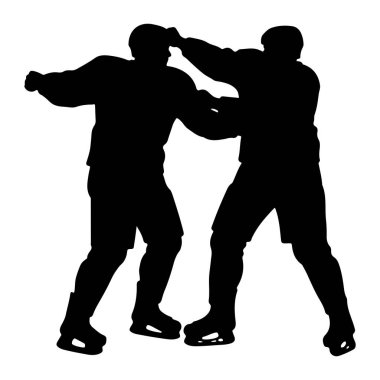 Buzda kavga eden iki hokey oyuncusunun siyah silueti. Kask takıyorlar ve duruşları aktif bir mücadele olduğunu gösteriyor. Görüntü siyah beyaz, dinamik hareketi ve anın ham fizikselliğini vurguluyor..