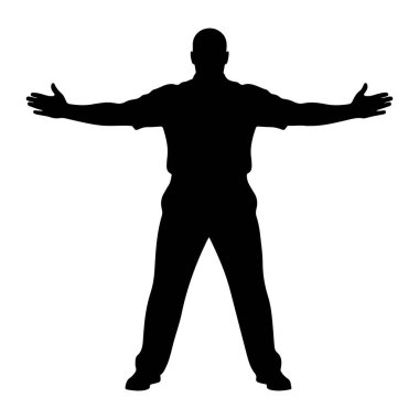 Kel bir adamın siyah silueti kollarını yatay olarak uzatarak ayakta duruyor. O bir tişört ve pantolon giyiyor. Arka plan bembeyaz..