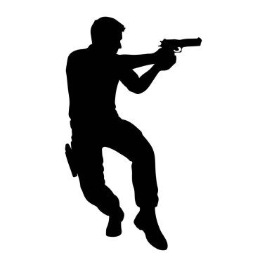Beyaz arka planda siyah bir adam silueti tasvir edilir. Dinamik bir pozisyonda, iki eliyle bir tabancayı doğrultuyor. Adam taktiksel ya da eylem odaklı bir senaryoyu andıran giysiler giyiyor ve kalçasında bir kılıf var.
