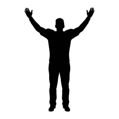 Siyah bir siluet kolları yukarı ve dışarı doğru düz beyaz bir arkaplan üzerinde duran bir adam. Pantolon ve gömlek giyiyor. Elleri açık bir şekilde, figür öne bakıyor..