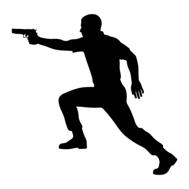 Siyah bir siluet, aksiyon pozu vermiş bir adam, bir tabanca tutuyor ve ileri doğru doğrultuyor. Adam, bir bacağı önde, diğeri arkada, bir ayağı önde tasvir edilmiş. Bu da hareket ve aciliyeti gösteriyor. Kolu uzatılmış, silahı sabit tutuyor. Şey...