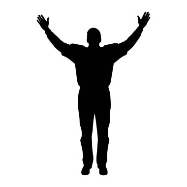 Siyah bir siluet, kollarını yukarı ve dışarı kaldırmış beyaz bir arka plana karşı duran bir adam. Şekil tepeden tırnağa tasvir ediliyor, elleri açık ve avuçları öne bakıyor..