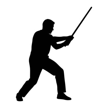 İki eliyle uzun bir sopa ya da kılıç tutan bir adamın siyah silueti. Harekete geçmeyi ya da harekete geçmeye hazırlanmayı öneriyor. Arkaplan düz beyaz.