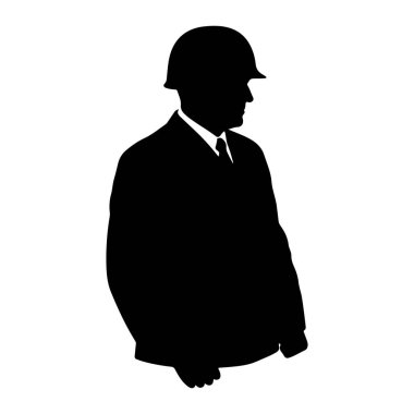 Kask takan, takım elbiseli, kravatlı ve beyaz gömlekli bir adamın siyah silueti. Şekil profilden gösteriliyor, sağa bakıyor. Arkaplan düz beyaz.