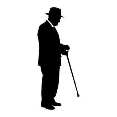 Fötr şapkalı ve takım elbiseli bir adamın siyah silueti elinde baston tutan bir profilde duruyor. Adam aşağı bakıyor gibi görünüyor, elleri bastonun üzerinde dinleniyor. Arkaplan düz beyaz.