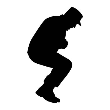 Şapka takan bir adamın siyah silueti elleri önünde bükülmüş bir şekilde gösteriliyor. Şekil beyaz bir arkaplanda izole edilmiş, siluet duruşunu ve giysisini açıkça belirtiyor..