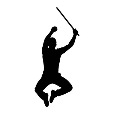 Bir adamın siyah silueti havada yakalanıyor, bacakları bükük ve kolları havada atlıyor. Sağ eliyle kafasının üstünde koyu, ince bir çubuk tutar, sol kolu da dinamik bir pozda yükselir. Bu figür izole edilmiş.