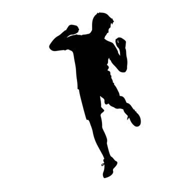 Siyah siluet bir adam havada, yumruklarını sıktı ve kaldırdı. Şort ve tişört giyiyor ve bacakları sanki bir atlayışın ya da güçlü bir hareketin ortasındaymış gibi bükülmüş. Siluet, düz beyaz bir arkaplanda izole edilmiş.