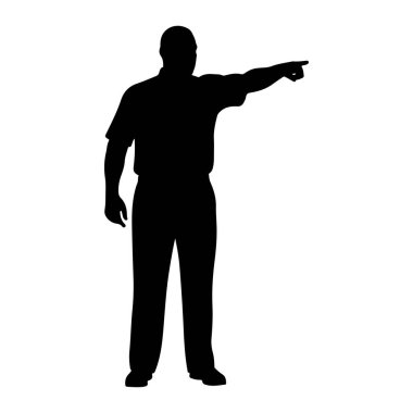 Bir adamın siyah silueti sağ kolu açık ve işaret parmağı sağı işaret ederek öne bakıyor. O, kısa kollu bir gömlek ve pantolon giyiyor. Arkaplan beyaz.