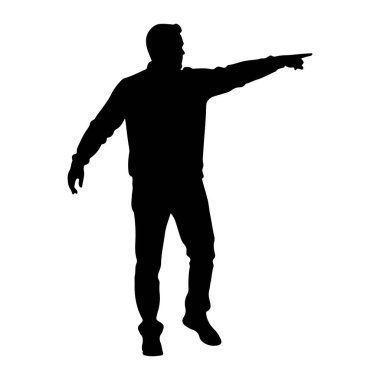 Ayakta duran ve sağ kolunu öne ve yana doğru gösteren siyah bir siluet. O bir ceket ve pantolon giyiyor. Arkaplan beyaz.
