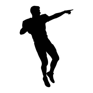 Dinamik poz veren bir adamın siyah silueti beyaz arka planda tasvir edilir. Sağ kolu açık ve işaret parmağıyla öne doğru eğiliyor, sanki bir yön ya da belirleyici bir jest yapıyormuş gibi. Vücudu açılı., 