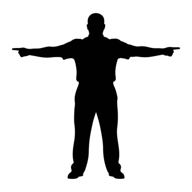 Siyah bir adam silueti kollarını yana doğru uzatmış, her bir eli zıt yönü işaret ediyor. O bir gömlek ve pantolon giyiyor. Şekil beyaz bir arkaplanda izole edilmiştir..