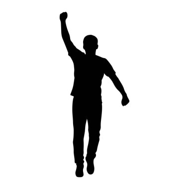 Bir adamın siyah silueti sağ kolu yukarıda ve yumruğunu sıkarak durur. Sol kolu hafifçe yana doğru uzanıyor. Hareket ediyor gibi görünüyor, muhtemelen koşuyor ya da zıplıyor, bacakları hafifçe bükülmüş. Siluet tam karşımızda. 