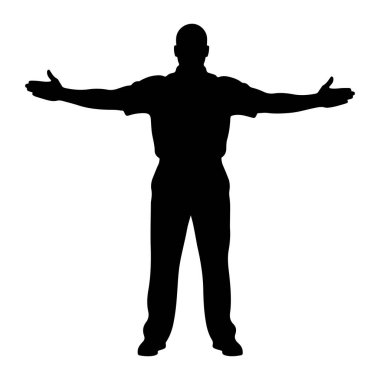 Siyah bir adam silueti kollarını yatay olarak yana doğru uzatarak ayakta duruyor. O yakalı bir gömlek ve pantolon giyiyor. Şekil beyaz bir arkaplanda izole edilmiştir..