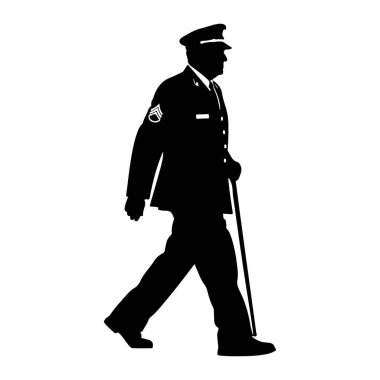 Askeri üniformalı bir adamın siyah silueti sağ elinde baston tutarak soldan sağa doğru yürüyor. Şapka, düğmeli bir ceket ve sol kolunda rütbe işareti ve pantolon giyiyor. Arkaplan beyaz.