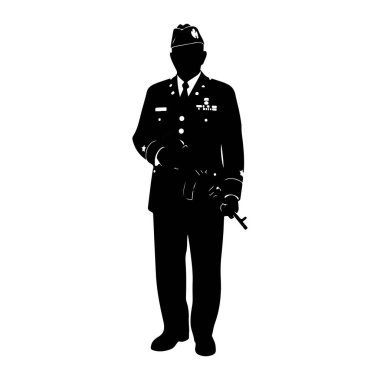 Bir askeri subayın siyah silueti öne bakıyor. Subay göğsünde kep, kravat ve madalyalar olan bir üniforma giyiyor. Sağ ellerinde bir tüfek tutuyorlar, namlu aşağıya doğru çevrili. Siluet bir silaha karşı katıdır. 