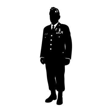 Resmi askeri üniformalı bir adamın siyah silueti beyaz bir arkaplana karşı duruyor. O bir kep, bir kravat ile yakalı bir gömlek, birden fazla madalya ve nişanla süslenmiş çift göğüslü bir ceket ve pantolon giyiyor. Siluet açıkça görülüyor.