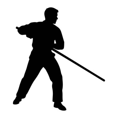 Dövüş sanatları kıyafetli bir adamın siyah silueti profilde uzun bir sopa ile tasvir edilmiştir. Dinamik bir pozisyonda, vücudu dönük ve asası çapraz olarak ön tarafına doğru uzanıyor. Beyaz arka planda siyah bir figür var.