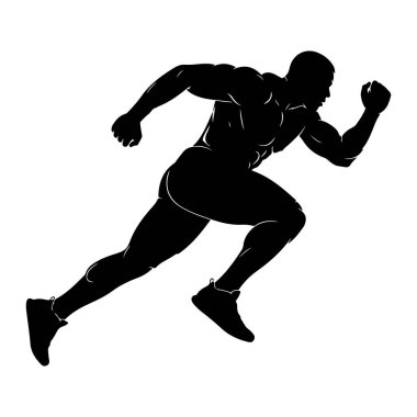 Beyaz bir arkaplana karşı dinamik bir şekilde koşan kaslı bir adamın siyah silueti. Şekil, bir bacağı ileri, diğer bacağı geri uzanmış, kolları bükülmüş ve yumrukları sıkılmış, hız ve güç hissi veren bir şekilde orta adımda tasvir ediliyor. İnce