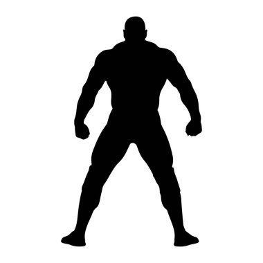 Bacakları ayrık ve yumrukları sıkılmış kaslı bir adamın siyah silueti. Kel ve güçlü bir yapısı var. Arkaplan düz beyaz.