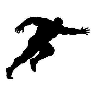 Hareketli koşu pozu veren kaslı bir adamın siyah silueti. Vücudu öne doğru eğiliyor ve sağ kolu açık şekilde uzanıyor. Sol bacağı arkasından uzatılmış, sağ bacağı bükülmüş ve öne doğru itilmiş. Şeklin adı Isola.