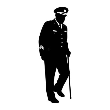 Resmi üniformalı, kep ve kravat da dahil olmak üzere siyah bir siluet tasvir edilir. Bireyin sağ elinde bir baston var ve yürüyor gibi görünüyor. Üniformanın görünen detayları var. Öndeki düğmeler ve çizgiler gibi. 