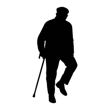 Şapka takan yaşlı bir adamın siyah silueti bir bacağı eğik ve bastonunun üzerinde dinleniyor. O, yan tarafından tasvir edilmiştir, başını hafifçe eğmiştir. Şekil beyaz bir arkaplanda izole edilmiştir..