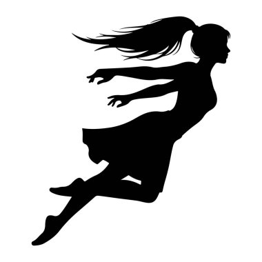 Beyaz bir arka plana karşı dinamik bir pozda siyah bir dansçı silueti. Onun uzun saçları arkasında akar, ve kolları ve bacakları sanki orta atlama ya da dans ediyormuş gibi açılır. Siluet bir hareket ve zarafet hissi yakalıyor..