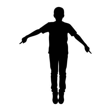 Siyah bir çocuk silueti kollarını iki yana doğru açmış duruyor. O bir tişört ve kot pantolon giyiyor. İşaret parmakları her iki elini de dışa doğru gösteriyor. Şekil, düz beyaz bir arkaplanda izole edilmiştir..