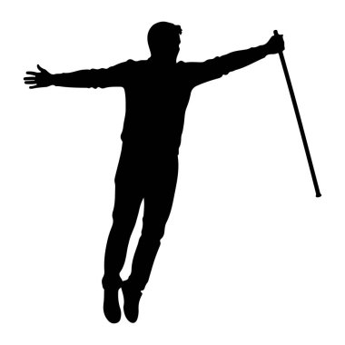 Beyaz arka planda siyah bir adam silueti tasvir edilir. Kolları açık, avuçları önde duruyor. Sağ elinde, yukarı ve sağa doğru açılı, uzun, ince bir baston tutuyor. Vücudu hafifçe eğik. 