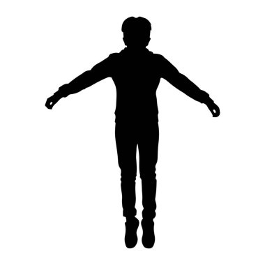 Siyah bir insan silueti kollarını yanlara doğru uzatarak ayakta durur. Bu figür tepeden tırnağa tasvir ediliyor, üzerinde ceket, kapüşon ve pantolonlar da dahil olmak üzere ayaklarında ayakkabılar var. Siluet beyaz bir gölgede izole edilmiş. 