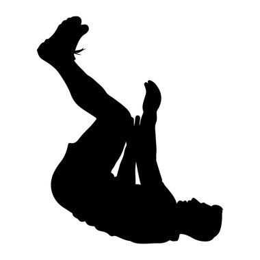 Siyah bir siluet, beyaz bir zemine doğru yuvarlanırken görüntülenir. Şekil dinamik bir pozda bükülmüş, bacakları bükülmüş ve kolları açık, bu da akrobatik bir hareket ya da düşme anını işaret ediyor. Taslak keskin ve tanımlı.