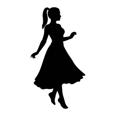 Profilde bir kadının siyah silueti beyaz bir arkaplanda resmediliyor. Etrafında parlayan uzun, dalgalı bir elbise giyiyor. Saçları at kuyruğuna doğru çekiliyor ve kolları sanki hareket halindeymiş gibi hafifçe uzanıyor.